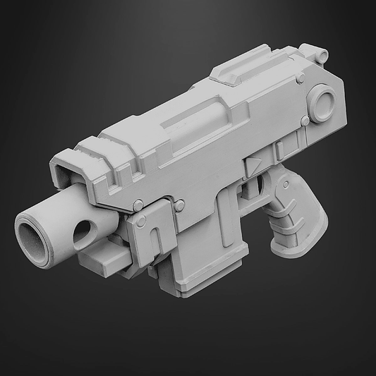 Source-anchored raw-grey RTA image for Grimdark: Bolt Pistol - Ready to Assemble