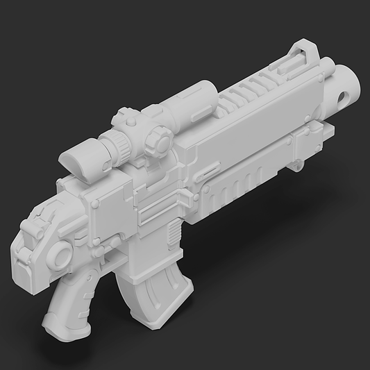 Source-anchored raw-grey RTA image for Grimdark: Bolt Rifle - Ready to Assemble